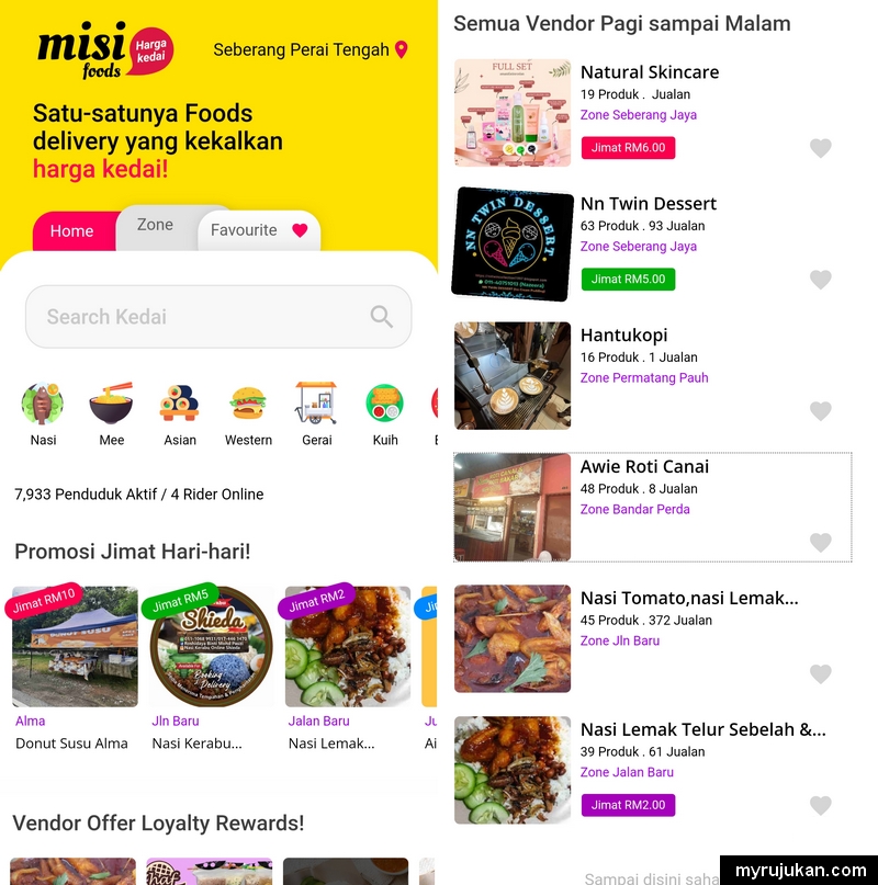Paparan dashboard aplikasi food delivery penghantaran makanan dari App Misi Rakyat